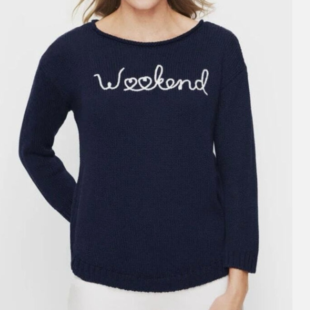 Talbots Preppy Navy Blue Cotton‎ Blend Women's Sweater Embroidered "Weekend" M